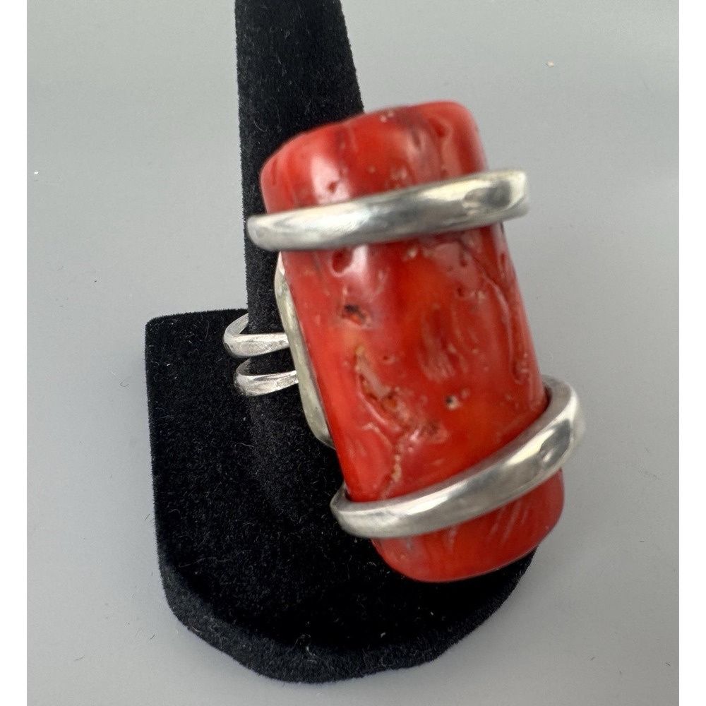 Red Coral Huge Sterling Silver Adjustable Statement Ring 42.45g Size 8